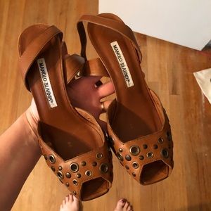 MANOLO BLAHNIK Leather Grommet Ankle Strap Sandals